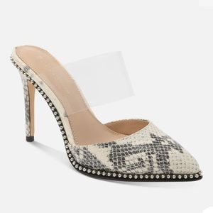BCBGeneration Harlina Dress Sandals Mules Beaded detail, grey snakeskin, 7M